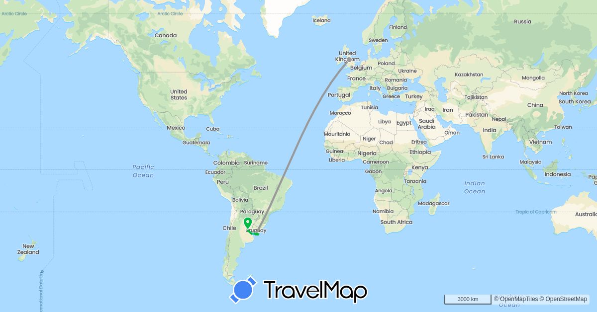 TravelMap itinerary: driving, bus, plane, boat in Argentina, United Kingdom, Uruguay (Europe, South America)